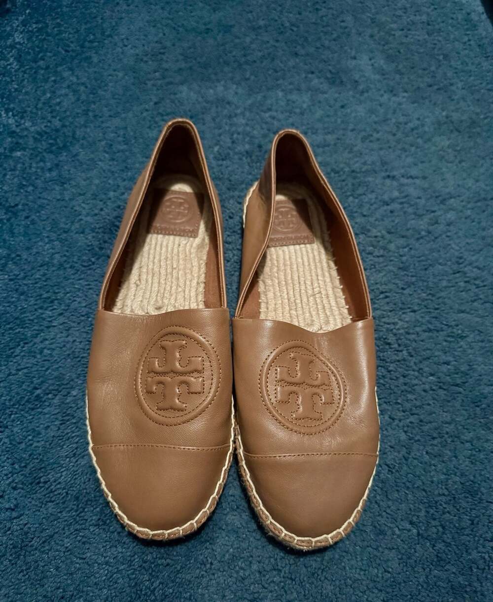 Tory Burch Ines Espadrille Tan Leather Slip On Flats